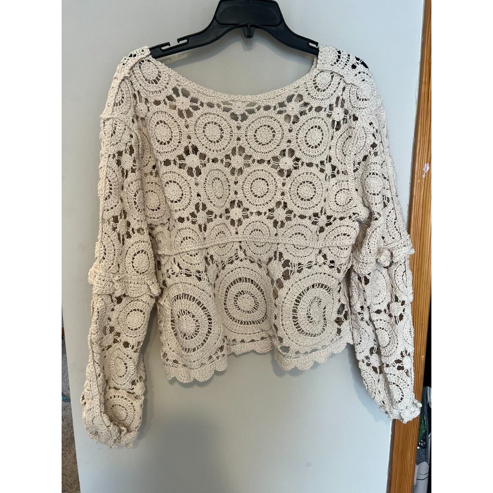 Crochet Cardigan Cottagecore Boho Hippie Women's XL Open Knit Cream Off White - Picture 2 of 6
